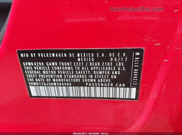 3VWD17AJ3HM394484 2017 VOLKSWAGEN JETTA Red Widok komory silnika