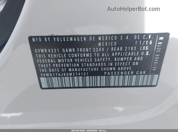 3VWD17AJ8GM274131 2016 VOLKSWAGEN JETTA Белый Вид подкапотного пространства