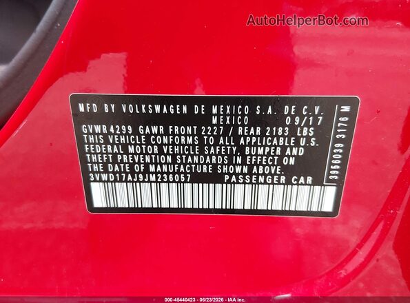 3VWD17AJ9JM236057 2018 VOLKSWAGEN JETTA Red ძრავის განყოფილების ხედი