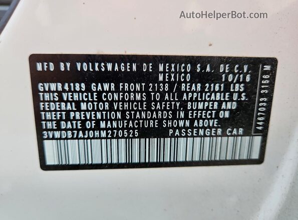 3VWDB7AJ0HM270525 2017 VOLKSWAGEN JETTA White 