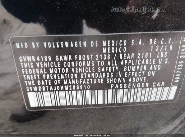 3VWDB7AJ0HM298910 2017 VOLKSWAGEN JETTA Black ძრავის განყოფილების ხედი