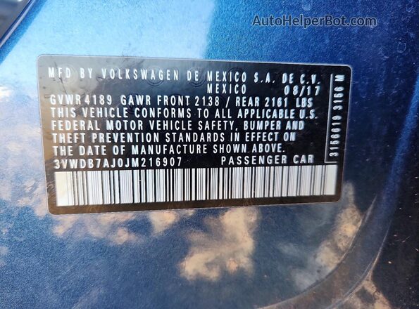 3VWDB7AJ0JM216907 2018 VOLKSWAGEN JETTA Синий 