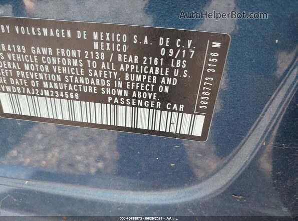 3VWDB7AJ2JM234566 2018 VOLKSWAGEN JETTA Blue Շարժիչի բաժամունքի տեսք