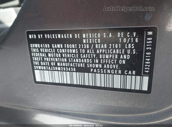 3VWDB7AJ3HM263438 2017 VOLKSWAGEN JETTA Gray Շարժիչի բաժամունքի տեսք