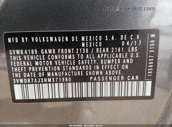 3VWDB7AJ3HM371980 2017 VOLKSWAGEN JETTA Gray Շարժիչի բաժամունքի տեսք