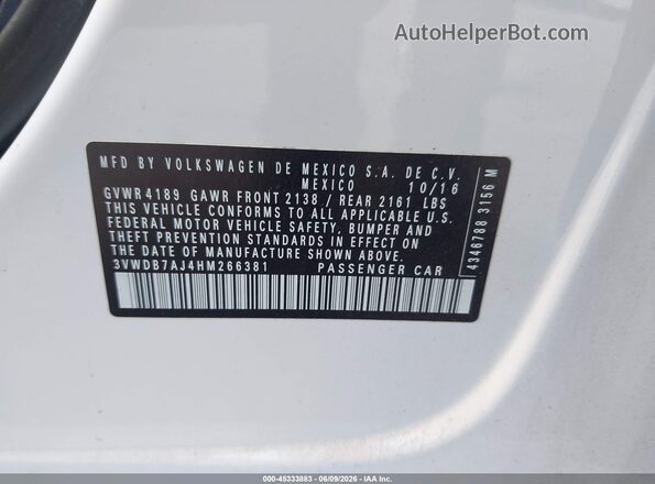 3VWDB7AJ4HM266381 2017 VOLKSWAGEN JETTA White Շարժիչի բաժամունքի տեսք