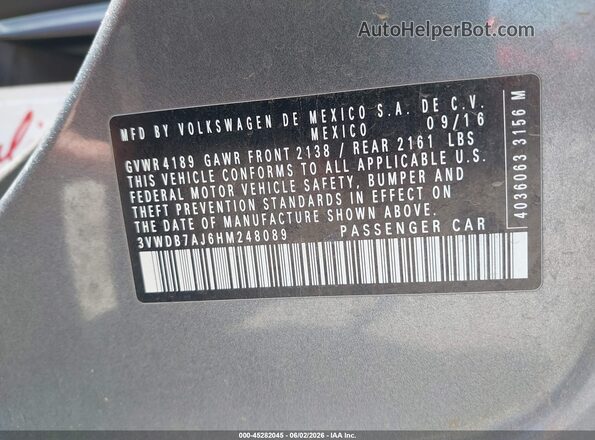 3VWDB7AJ6HM248089 2017 VOLKSWAGEN JETTA Gray Vista del compartimento del motor