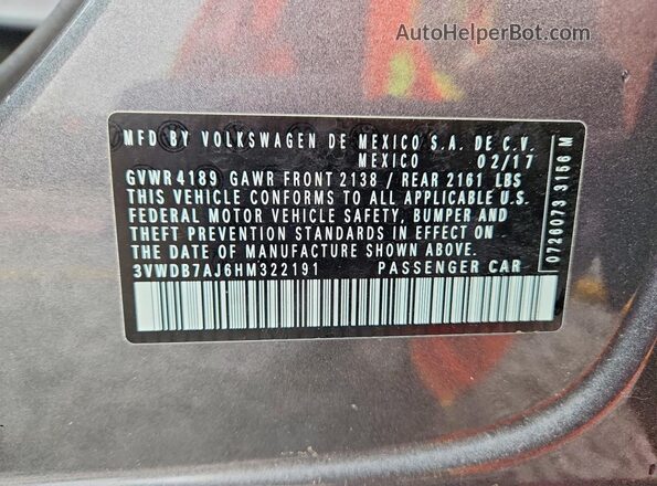 3VWDB7AJ6HM322191 2017 VOLKSWAGEN JETTA Gray Շարժիչի բաժամունքի տեսք