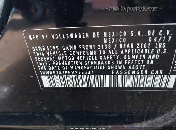 3VWDB7AJ6HM376607 2017 VOLKSWAGEN JETTA Черный 