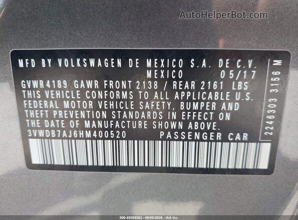 3VWDB7AJ6HM400520 2017 VOLKSWAGEN JETTA Gray 