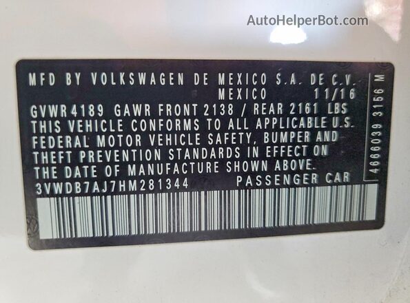 3VWDB7AJ7HM281344 2017 VOLKSWAGEN JETTA White Widok komory silnika