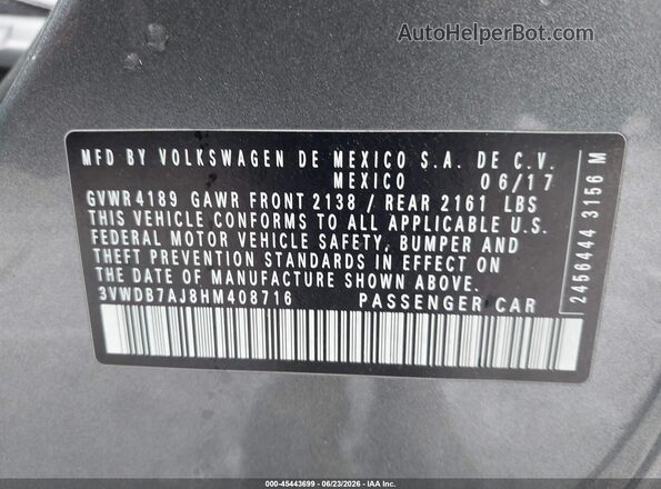 3VWDB7AJ8HM408716 2017 VOLKSWAGEN JETTA Gray Widok komory silnika