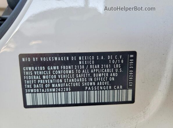 3VWDB7AJXHM262285 2017 VOLKSWAGEN JETTA White Вид підкапотного простору