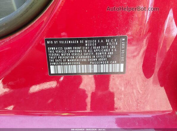 3VWE57BU0KM039006 2019 VOLKSWAGEN JETTA Red Widok komory silnika