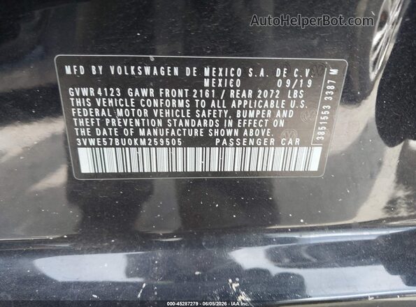 3VWE57BU0KM259505 2019 VOLKSWAGEN JETTA Black ძრავის განყოფილების ხედი