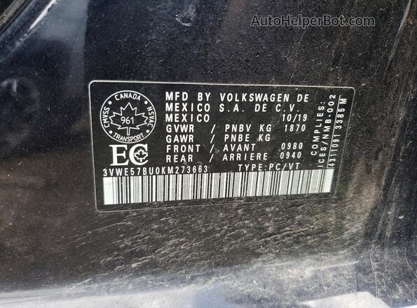 3VWE57BU0KM273663 2019 VOLKSWAGEN JETTA Black 