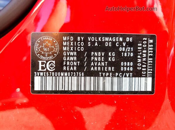 3VWE57BU0MM073756 2021 VOLKSWAGEN JETTA Red Вид наклейки з VIN-кодом