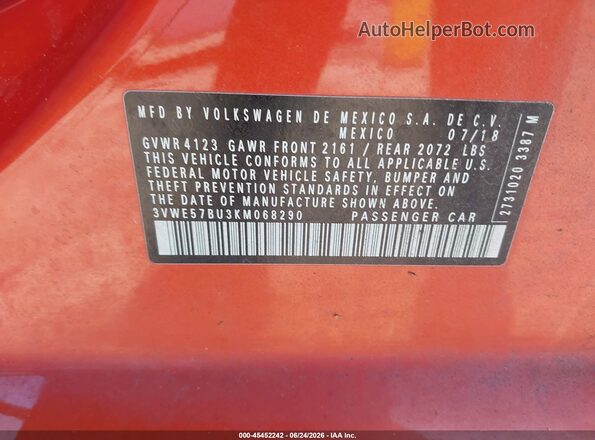 3VWE57BU3KM068290 2019 VOLKSWAGEN JETTA Orange Շարժիչի բաժամունքի տեսք