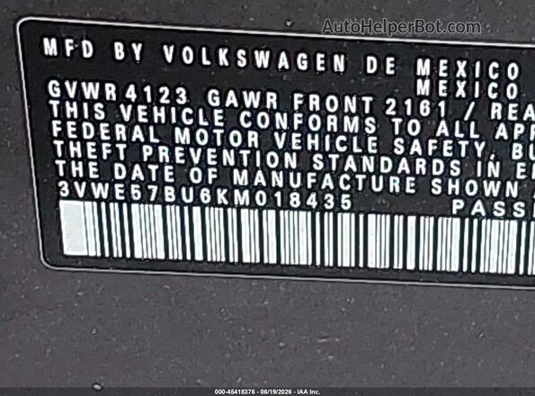 3VWE57BU6KM018435 2019 VOLKSWAGEN JETTA Серый Вид подкапотного пространства