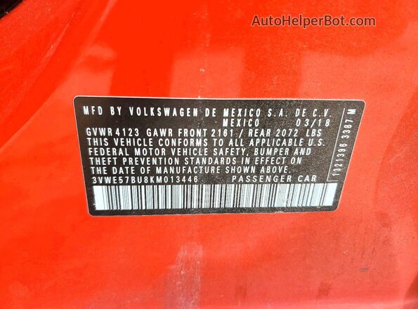 3VWE57BU8KM013446 2019 VOLKSWAGEN JETTA Orange Vista del compartimento del motor