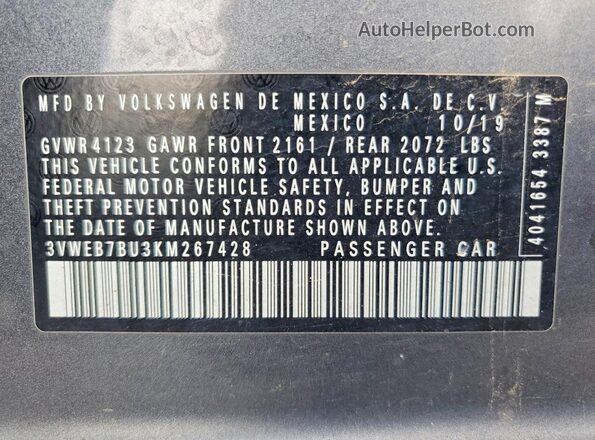 3VWEB7BU3KM267428 2019 VOLKSWAGEN JETTA Gray Widok komory silnika