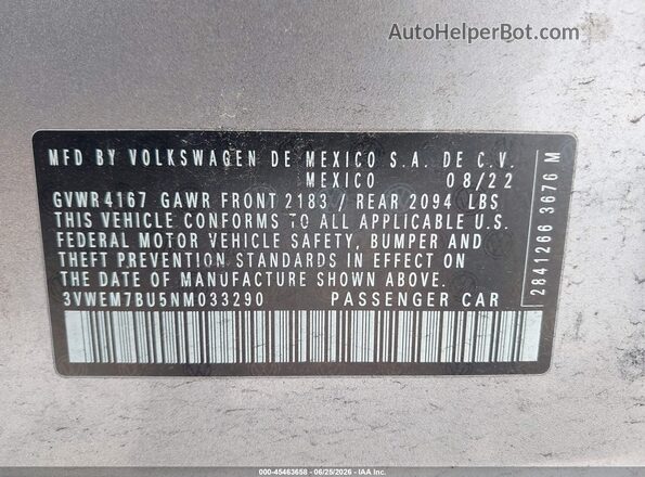 3VWEM7BU5NM033290 2022 VOLKSWAGEN JETTA Silver Widok komory silnika