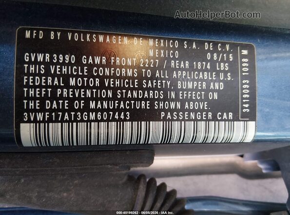 3VWF17AT3GM607443 2016 VOLKSWAGEN BEETLE Blue Շարժիչի բաժամունքի տեսք