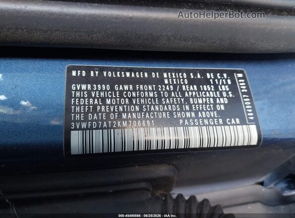 3VWFD7AT2KM706691 2019 VOLKSWAGEN BEETLE Синий Вид подкапотного пространства