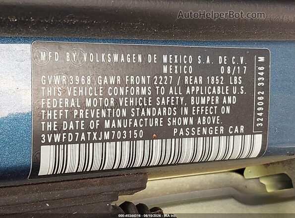 3VWFD7ATXJM703150 2018 VOLKSWAGEN BEETLE Blue 