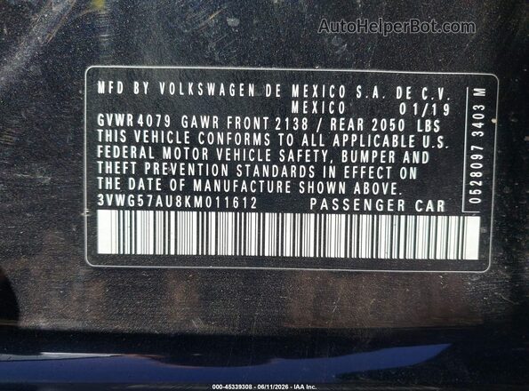 3VWG57AU8KM011612 2019 VOLKSWAGEN GOLF Black Vista del compartimento del motor