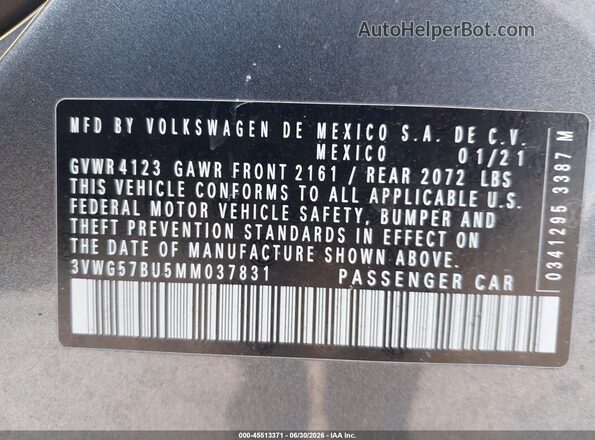 3VWG57BU5MM037831 2021 VOLKSWAGEN JETTA Gray ძრავის განყოფილების ხედი
