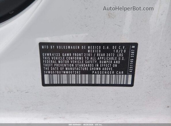 3VWG57BU7MM007262 2021 VOLKSWAGEN JETTA White Engine compartment view