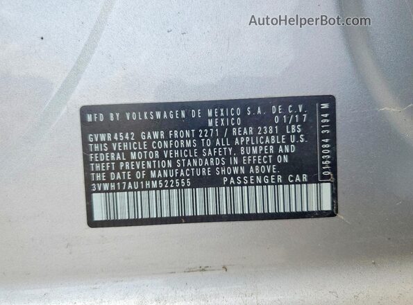 3VWH17AU1HM522555 2017 VOLKSWAGEN GOLF Silver VIN կոդի պիտակի տեսք