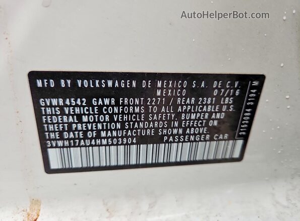 3VWH17AU4HM503904 2017 VOLKSWAGEN GOLF White VIN sticker view