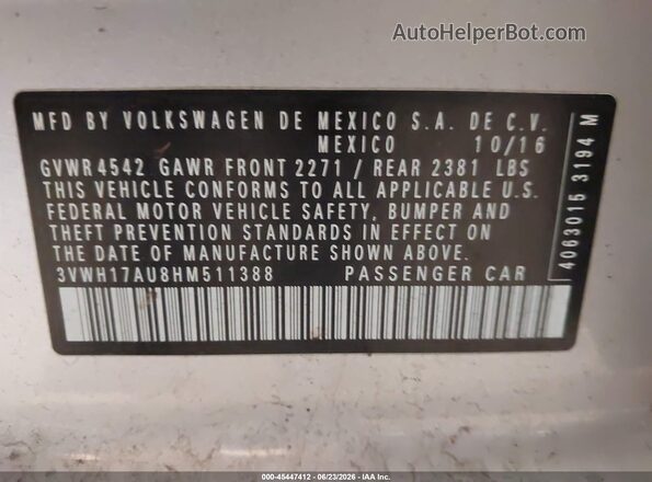 3VWH17AU8HM511388 2017 VOLKSWAGEN GOLF Silver ძრავის განყოფილების ხედი