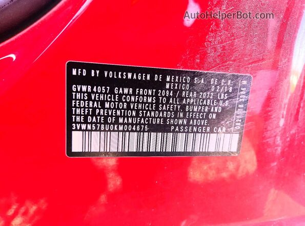 3VWN57BU0KM004675 2019 VOLKSWAGEN JETTA Red Вид підкапотного простору