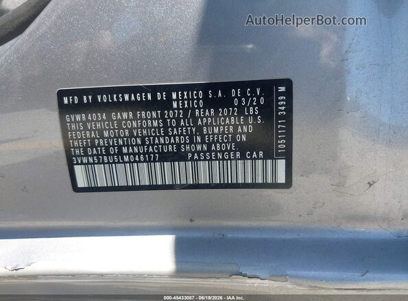 3VWN57BU5LM046177 2020 VOLKSWAGEN JETTA Silver Вид підкапотного простору