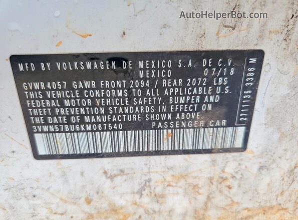 3VWN57BU6KM067540 2019 VOLKSWAGEN JETTA White Widok komory silnika