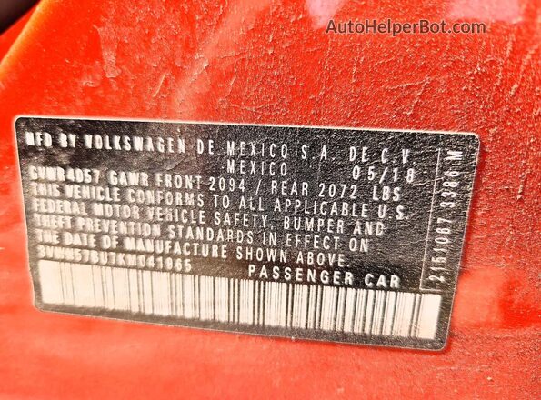 3VWN57BU7KM041965 2019 VOLKSWAGEN JETTA Orange Engine compartment view