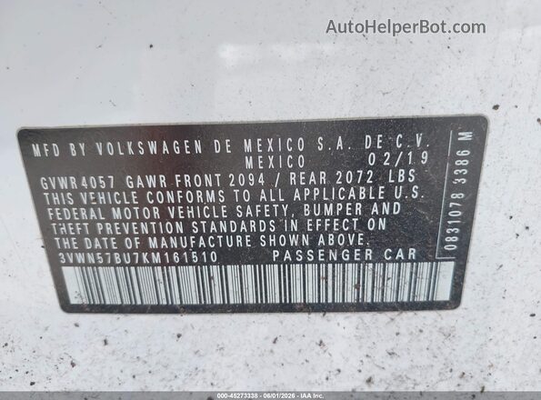 3VWN57BU7KM161510 2019 VOLKSWAGEN JETTA White 