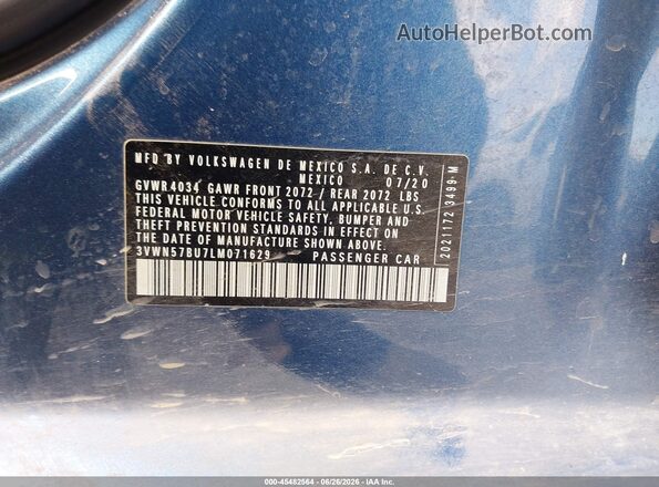 3VWN57BU7LM071629 2020 VOLKSWAGEN JETTA Blue Вид підкапотного простору