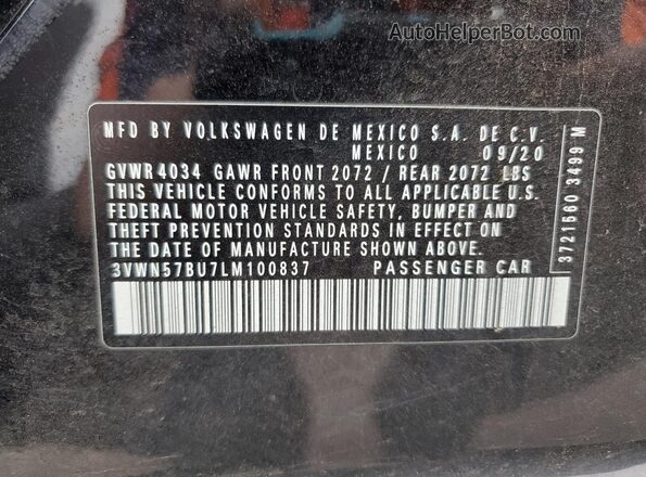 3VWN57BU7LM100837 2020 VOLKSWAGEN JETTA Black ძრავის განყოფილების ხედი