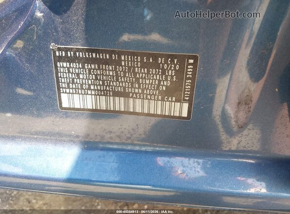 3VWN57BU7MM004725 2021 VOLKSWAGEN JETTA Blue ძრავის განყოფილების ხედი