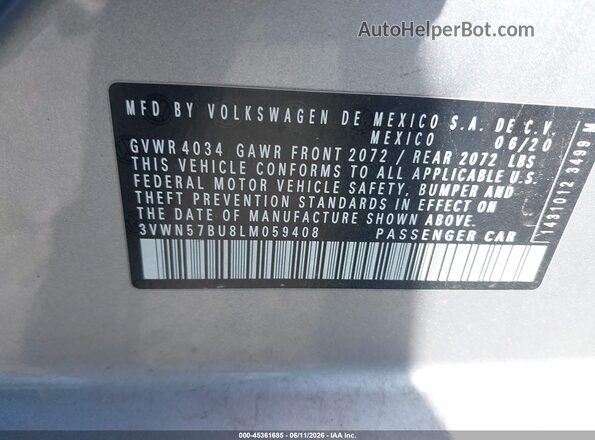 3VWN57BU8LM059408 2020 VOLKSWAGEN JETTA Silver ძრავის განყოფილების ხედი
