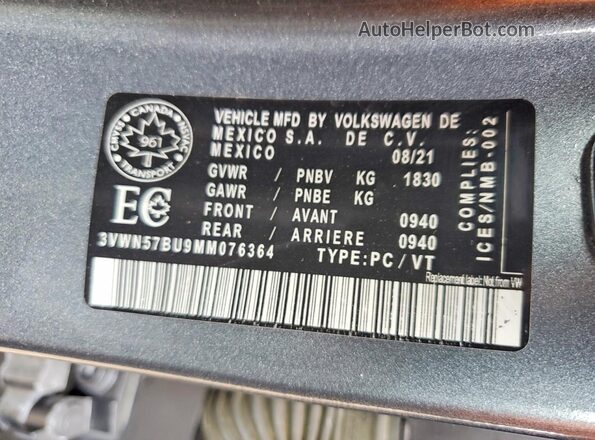 3VWN57BU9MM076364 2021 VOLKSWAGEN JETTA Gray Вид підкапотного простору