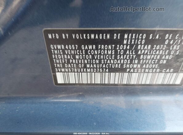 3VWN57BUXKM027574 2019 VOLKSWAGEN JETTA Blue Շարժիչի բաժամունքի տեսք