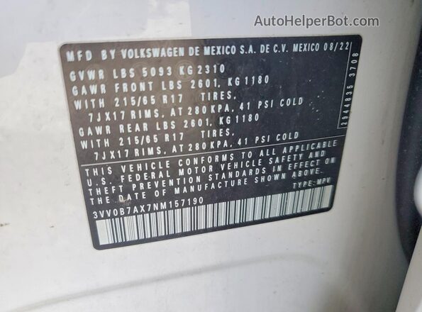 3VV0B7AX7NM157190 2022 VOLKSWAGEN TIGUAN Белый Панорамный вид салона 360°