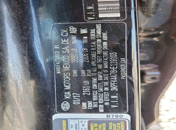 3KPFK4A78HE119103 2017 KIA FORTE Black VIN კოდის სტიკერის ხედი