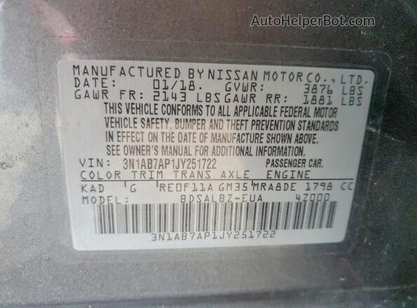3N1AB7AP1JY251722 2018 NISSAN SENTRA Серый Панорамный вид салона 360°