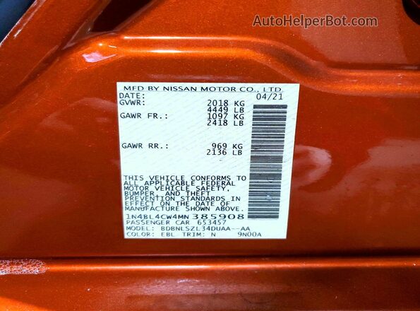 1N4BL4CW4MN385908 2021 NISSAN ALTIMA Оранжевый 